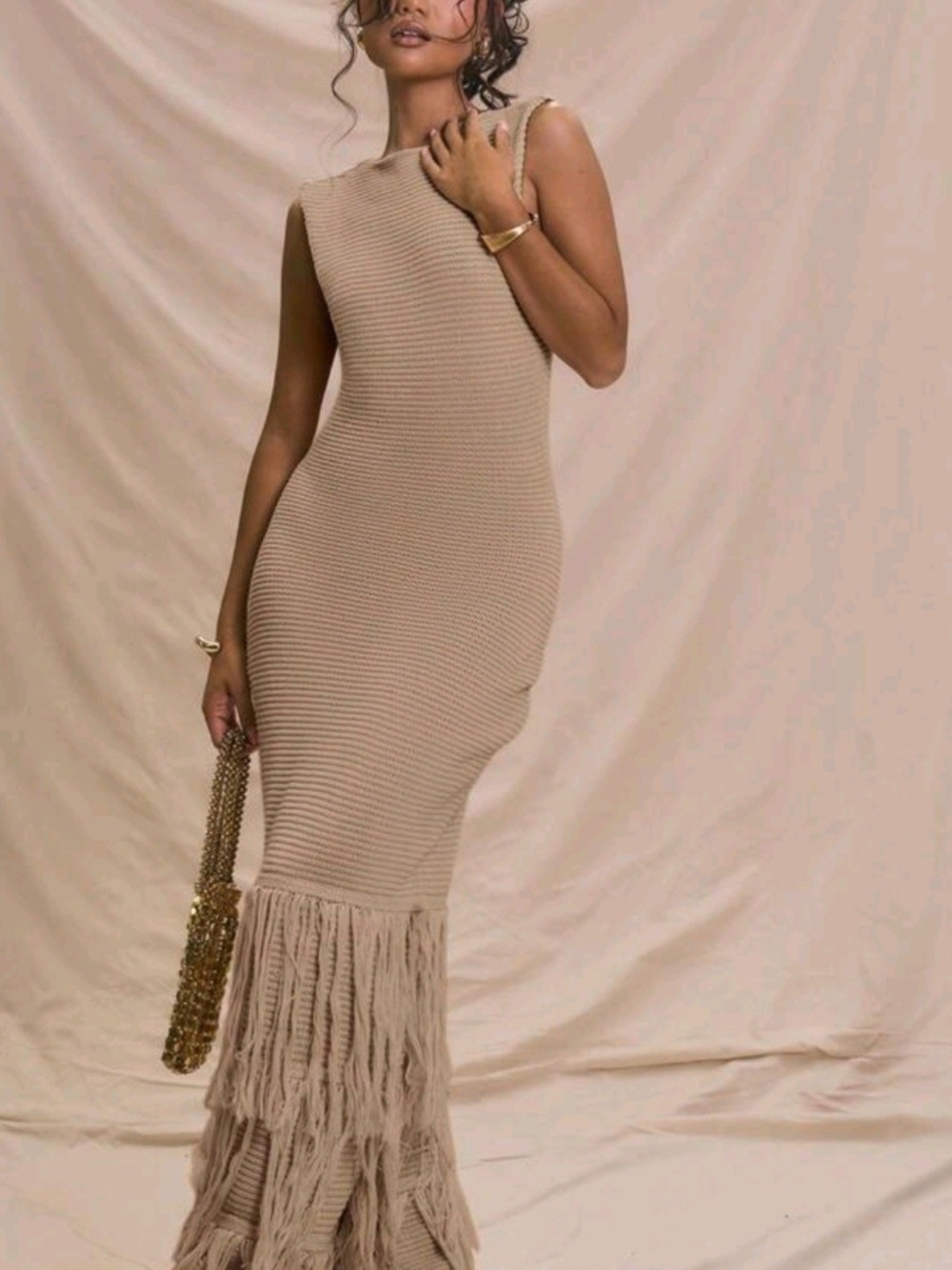 SHEIN Beige Sleeveless Fringe Ribbed Maxi Dress